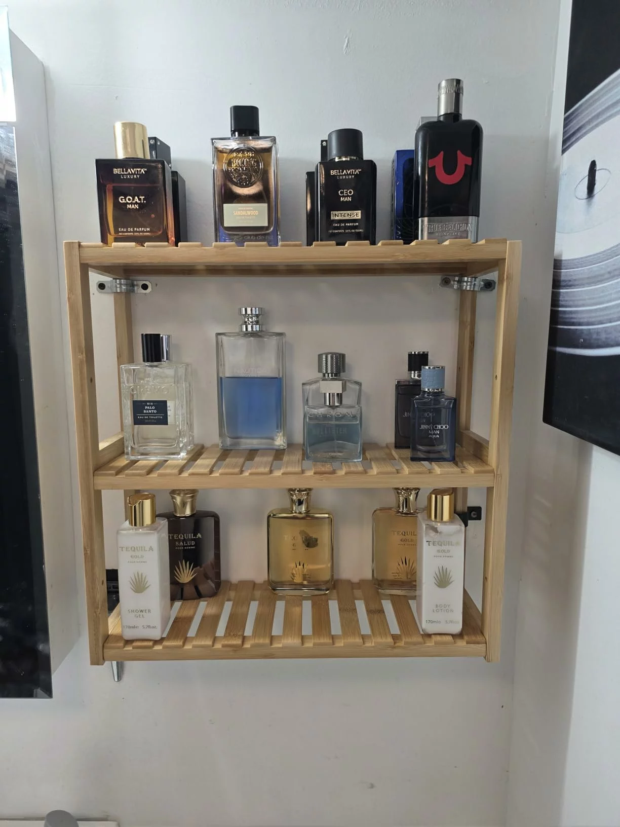 Click to view full screen Over The Toilet Storage Rack 3 Tier, Wall Mounted Bathroom Corner Shelf, Bamboo, Black Modern Organizer photo review
