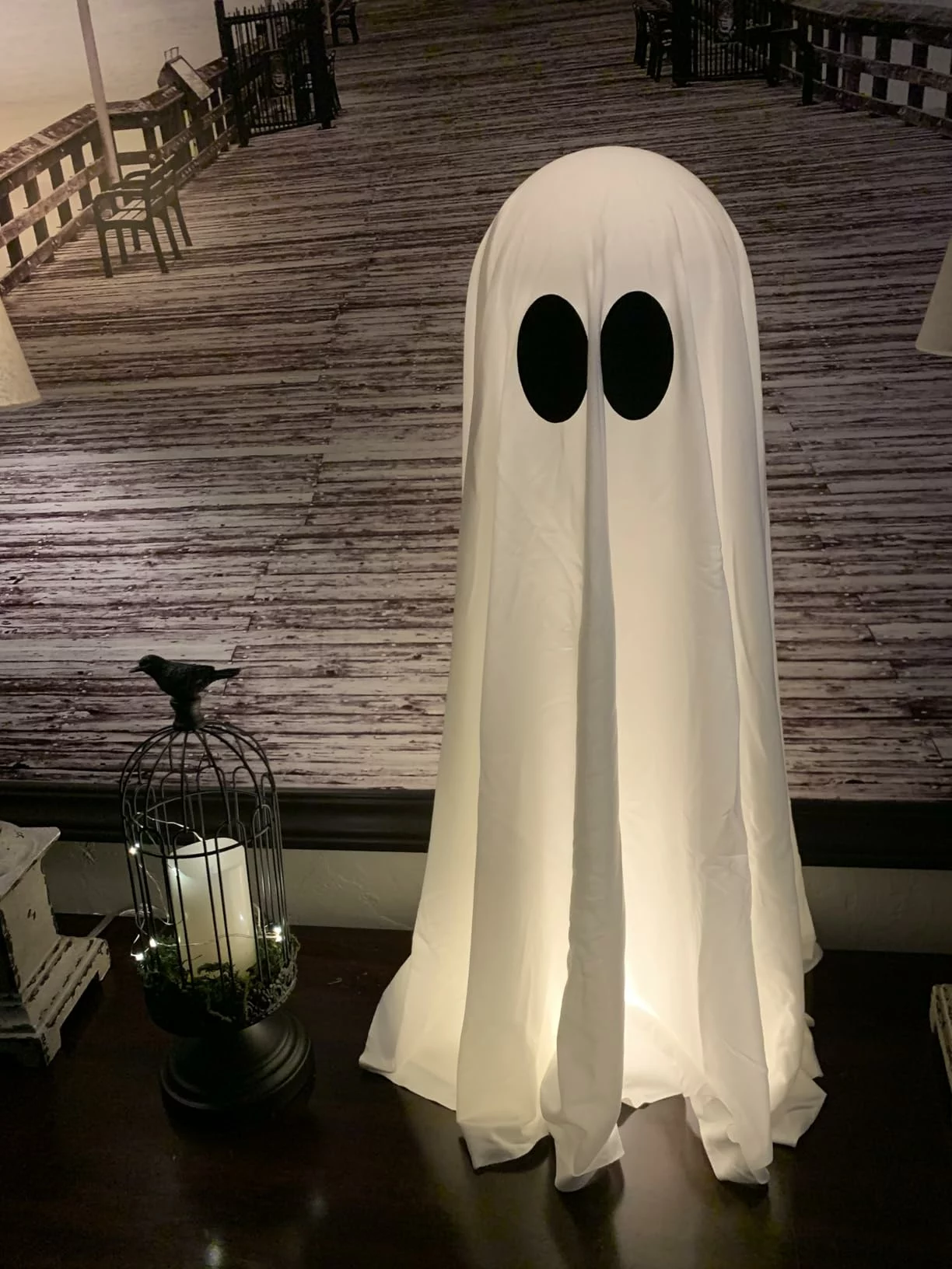 Click to view full screen Halloween Decorations Outdoor 5Ft Large Hanging Ghost Swing With Remote Control String Lights Upgraded Sheet Scary Party Decor photo review