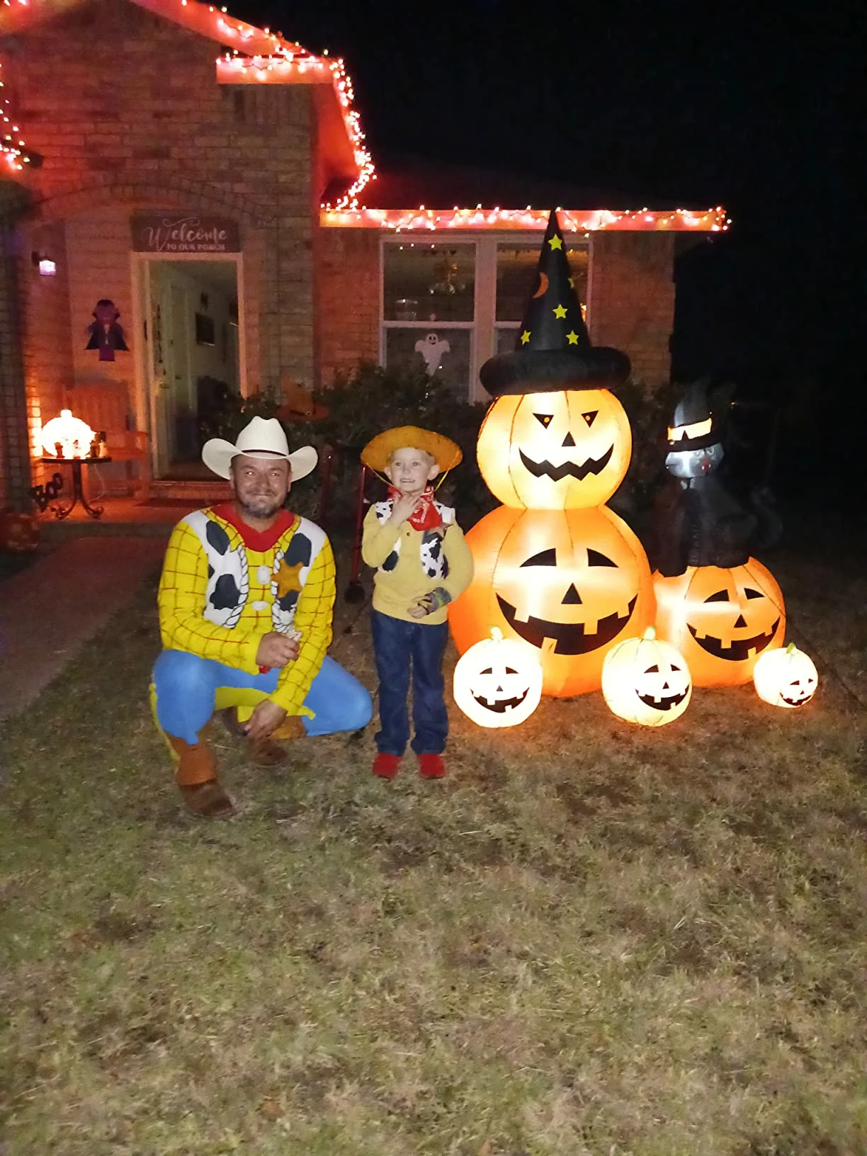 Click to view full screen 6FT Halloween Inflatable Spooky Ghost, Pumpkin & Witch's Cat with Built-in LED Lights, Blow Up Outdoor Yard Garden Decor Waterproof photo review