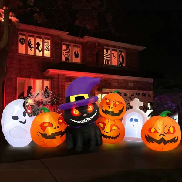 8FT Halloween Inflatables Outdoor Decorations Funny Pumpkin Black Cat Ghost Tombstone Blow Up with LED Lights Yard
