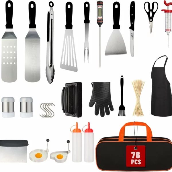 76Pcs Griddle Accessories Kit Flat Top Grill Tools Set With Spatulas Scraper Thermometer Storage Bag Outdoor Cooking Utensils Camping