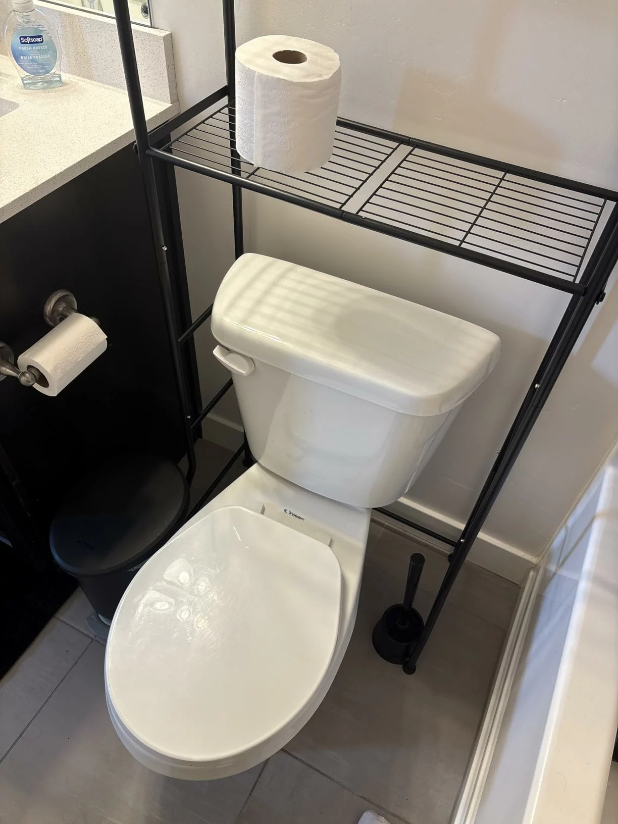 Click to view full screen 3 Tier Over The Toilet Storage Cabinet, Metal Bathroom Organizer Shelf with Hooks and Paper Holder, Black photo review