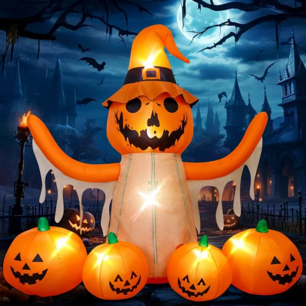 8FT Halloween Inflatable Pumpkin Scarecrow with LED Lights, Blow Up Yard Garden Lawn Outdoor Decorations