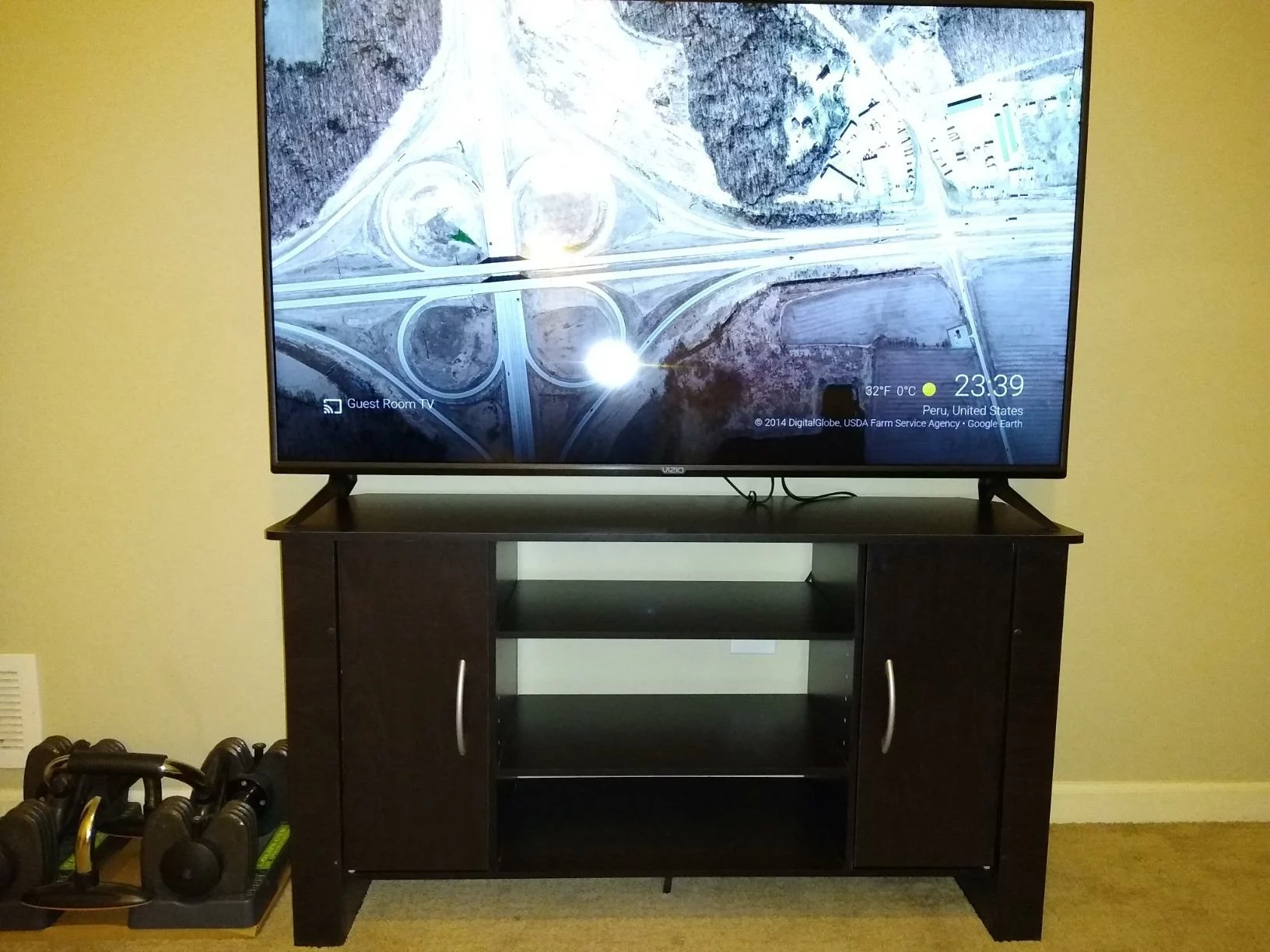 Click to view full screen Furinno 3-Tier Entertainment Center TV Stand with 2 Bin Drawers Console up to 50 inch Open Storage Shelves Home Table Round Tubes photo review