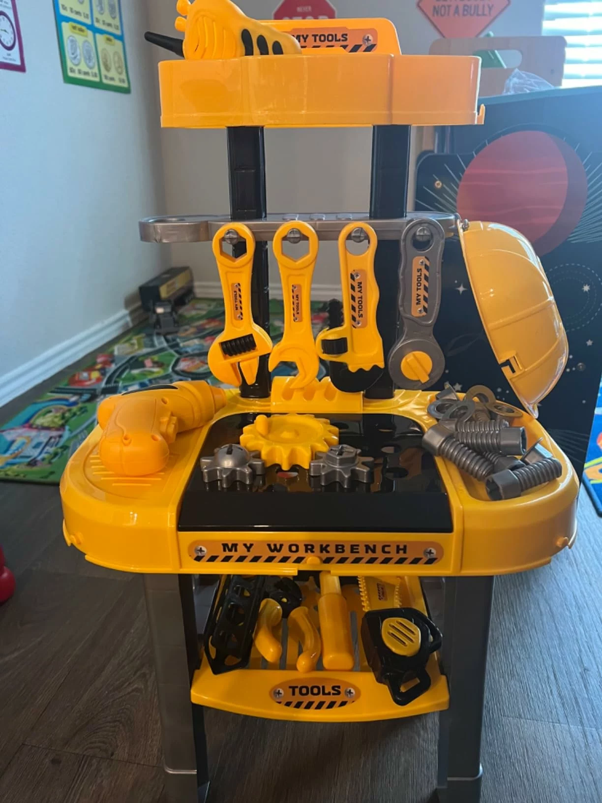 Click to view full screen Kids Tool Bench with Electric Drill & Vehicles, 2-in-1 Workbench Toolbox STEM Toys for Toddlers Age 3-5 photo review
