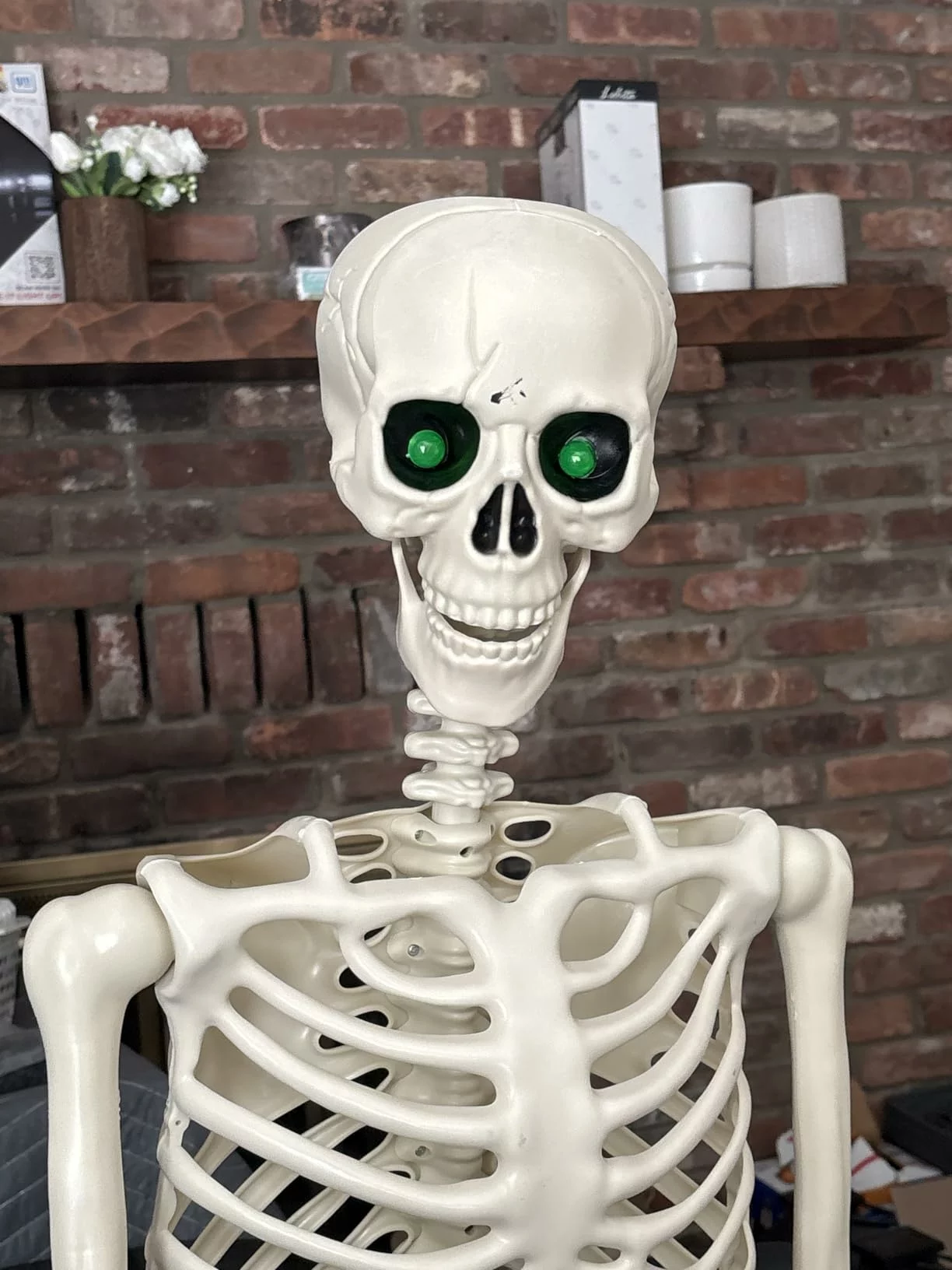 Click to view full screen 5.4FT Halloween Skeleton Decoration, Full Size Posable Skeleton with Glowing Eyes & Creepy Sound, Life-Size Body with Arm Stakes for Indoor Outdoor Haunted House photo review