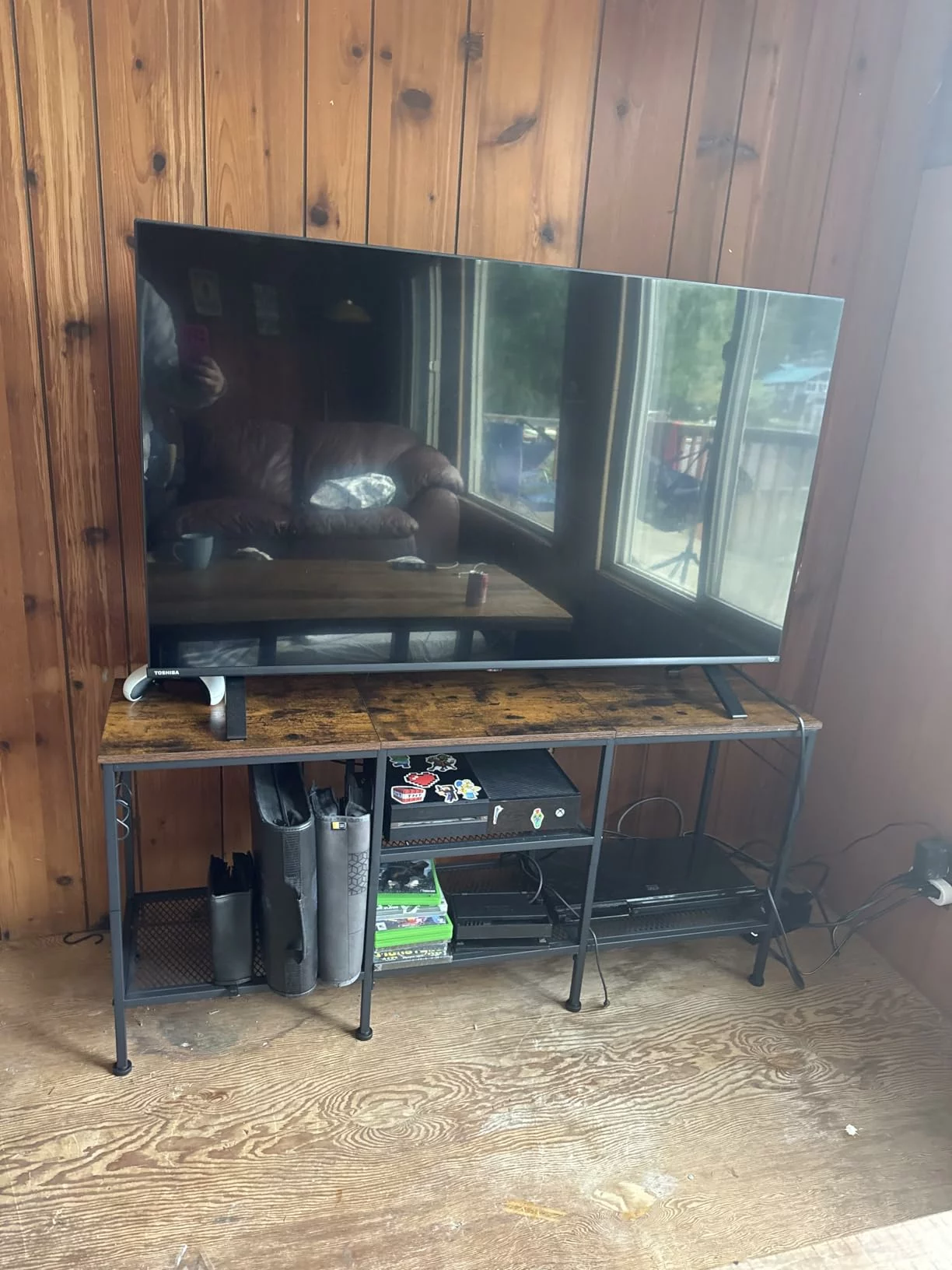 Click to view full screen Furologee TV Stand for 55 Inch, Entertainment Center with Open Storage Shelves, Media Console Table with Soundbar Shelf for Living photo review