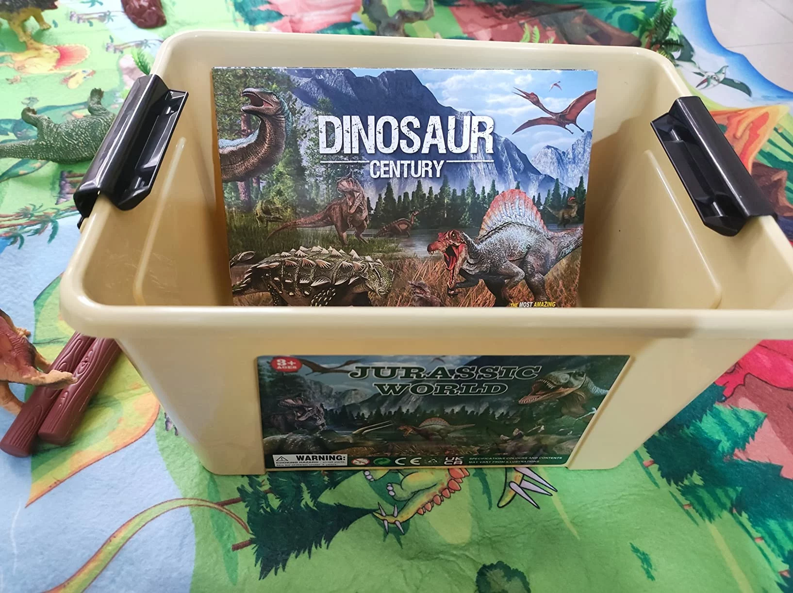 Click to view full screen 12 PCS Jurassic Dinosaur Toys, Realistic Large Dino Figures with Jumbo Play Mat & Dino Book, Educational Gift for Kids photo review