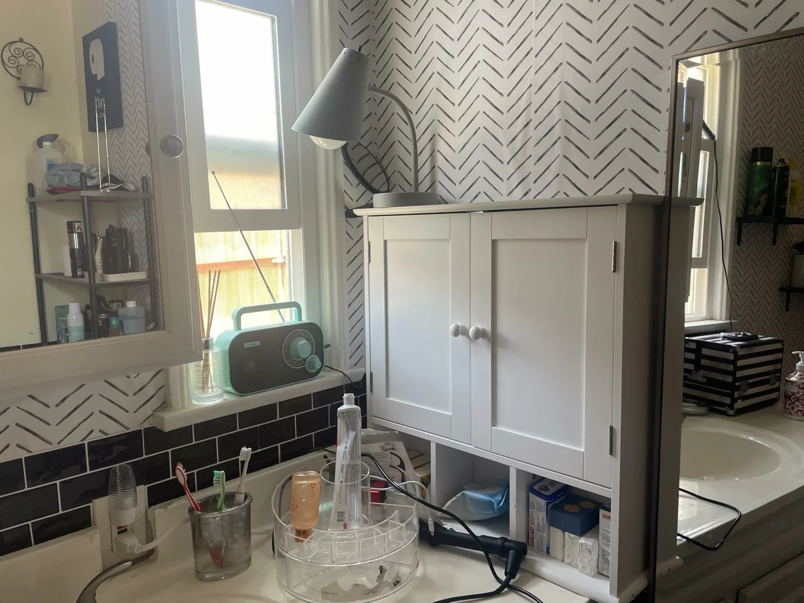 Click to view full screen Wall Mounted Bathroom Storage Cabinet, Over Toilet Organizer with Door, Adjustable Shelves for Medicine & Towels photo review