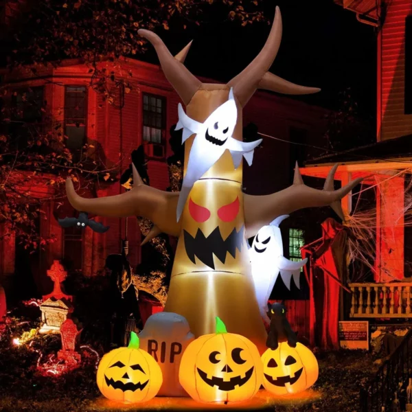 12FT Halloween Inflatable Scary Dead Tree with Pumpkin Ghost Tombstone Blow Up Outdoor Yard Decorations Built-in LED Lights