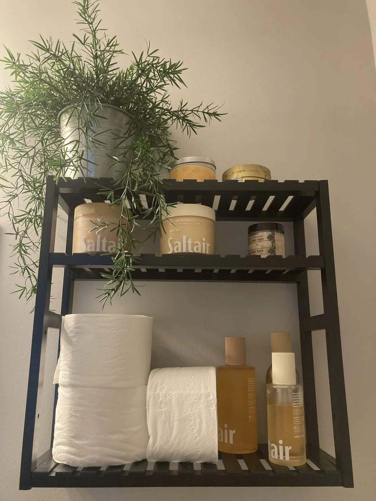 Click to view full screen Over The Toilet Storage Rack 3 Tier, Wall Mounted Bathroom Corner Shelf, Bamboo, Black Modern Organizer photo review