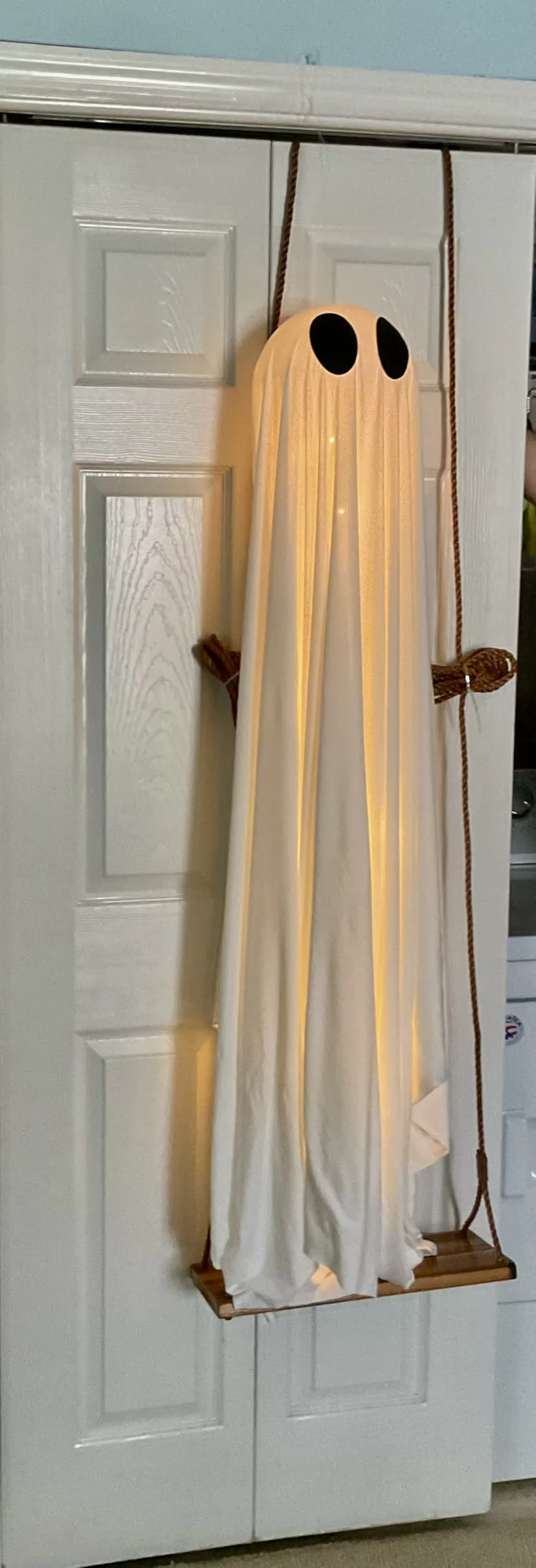 Click to view full screen Halloween Decorations Outdoor 5Ft Large Hanging Ghost Swing With Remote Control String Lights Upgraded Sheet Scary Party Decor photo review