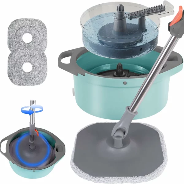 Spin Mop And Bucket With Separate Dirty And Clean Water System Widening Foldable Handle 2 Replaceable Mop Pads For Hardwood Floor