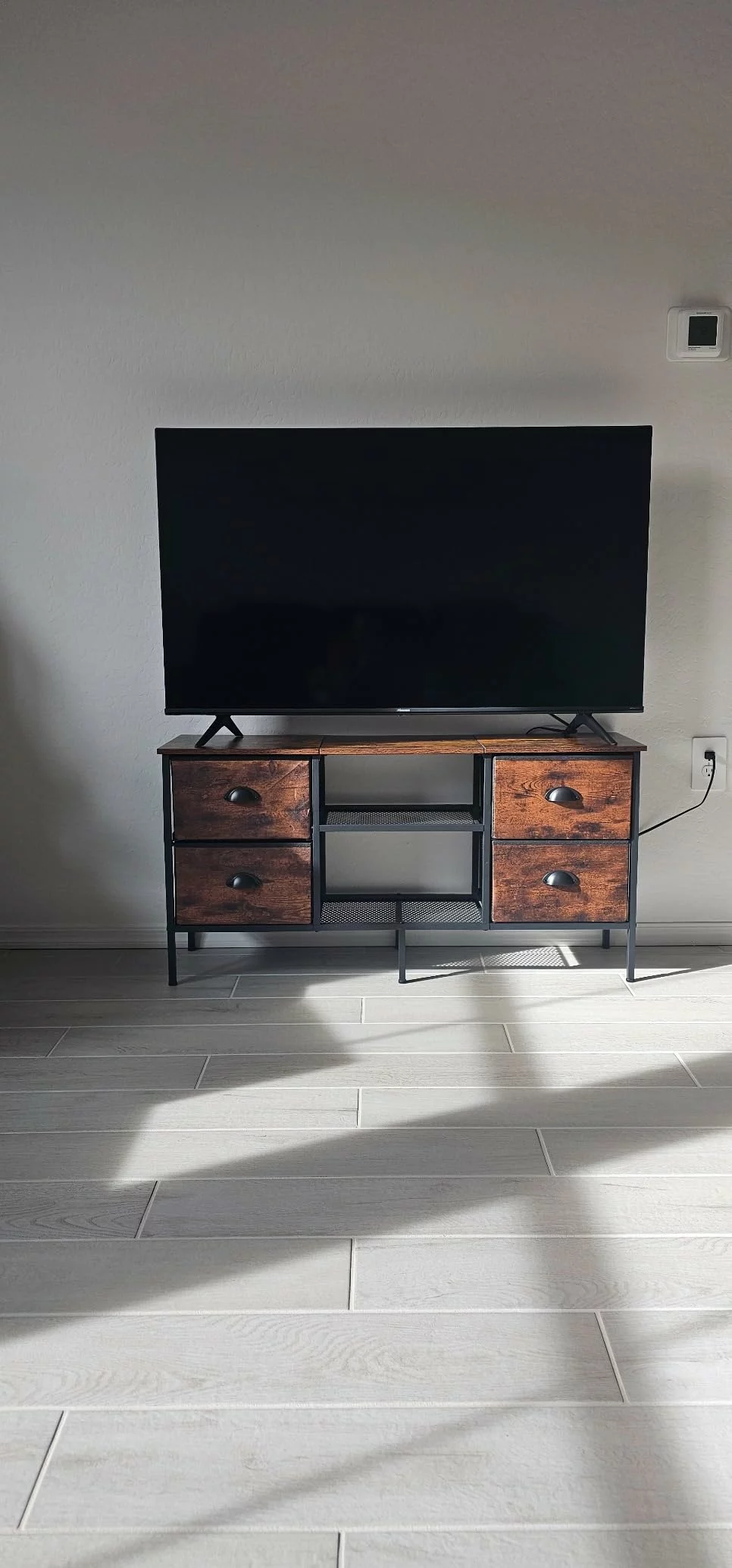 Click to view full screen Furologee 3-Tier TV Stand with 4 Drawers Open Shelves Entertainment Center Media Console for TVs up to 50 photo review