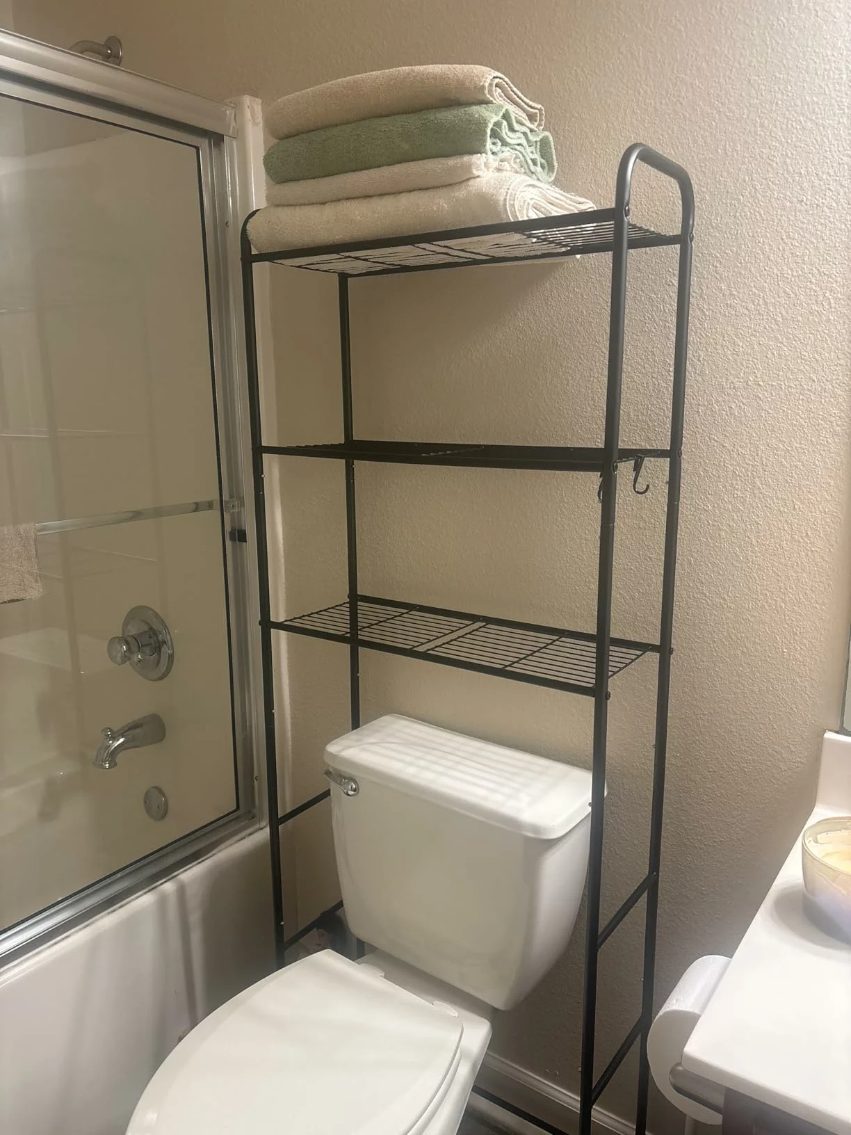 Click to view full screen 3 Tier Over The Toilet Storage Cabinet, Metal Bathroom Organizer Shelf with Hooks and Paper Holder, Black photo review