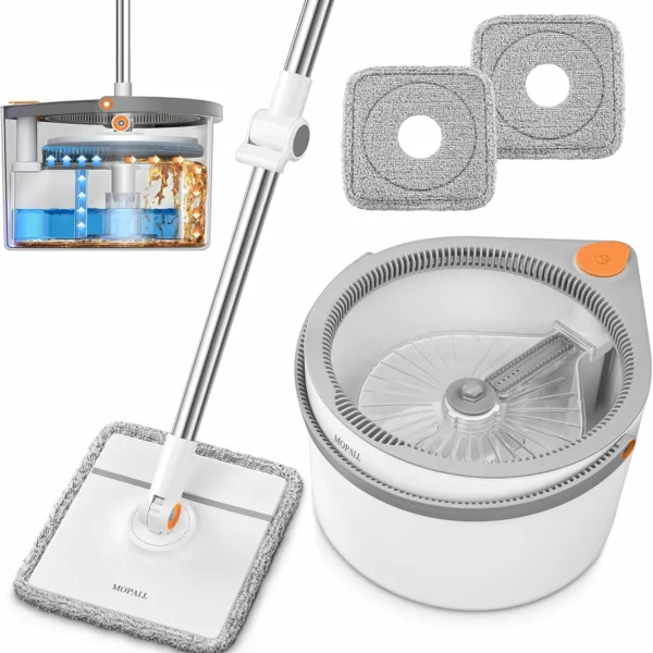 Spin Mop and Bucket Set with Dual Chamber Self Separation for Clean and Dirty Water Wet Dry Floor Wall Window Cleaning