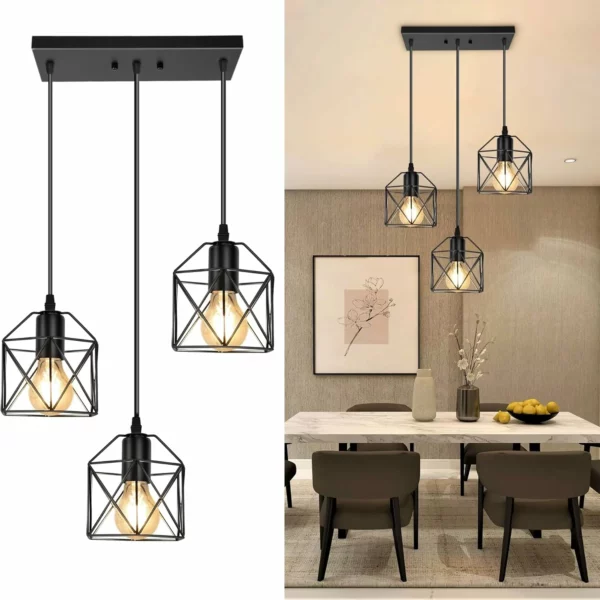 3-Light Hanging Pendant Light Fixture, Black Metal Cage, Farmhouse Industrial Style for Kitchen & Dining