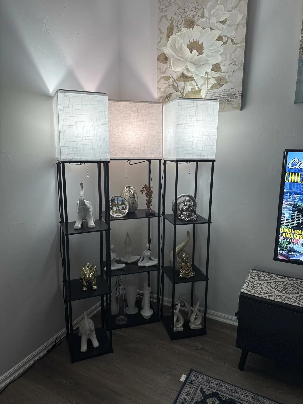 Click to view full screen 2-Pack Floor Lamp with Shelves, 3 CCT LED, Corner Display Tower with White Linen Shade for Living Room & Bedroom photo review