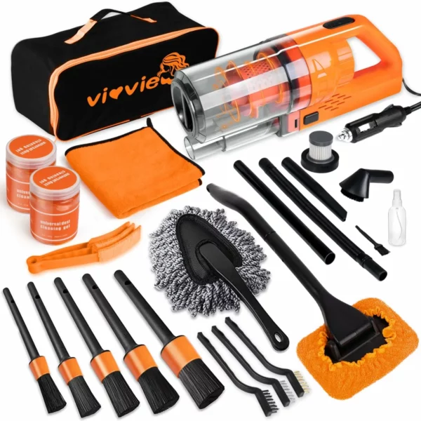 Car Detailing Kit Interior Cleaner 17Pcs With High Power Portable Car Vacuum Brush Set Windshield Cleaner Orange Accessories