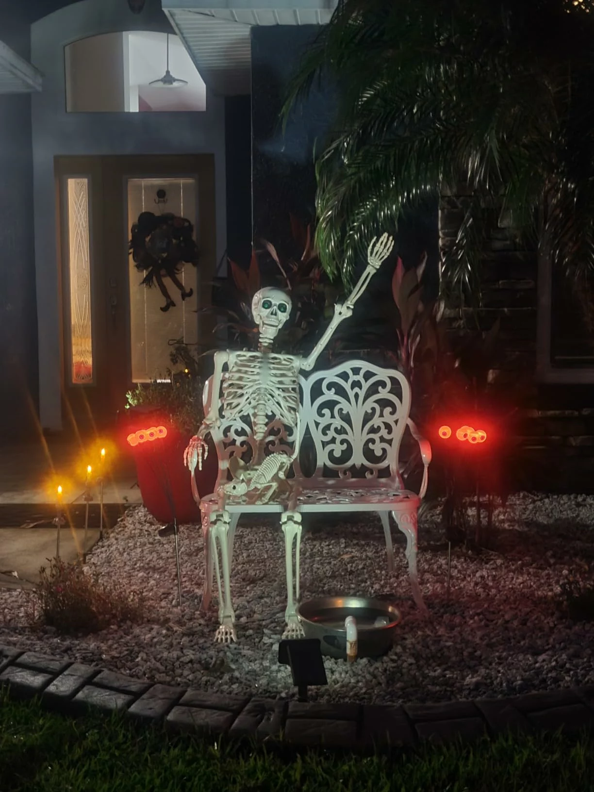 Click to view full screen 5.4FT Halloween Skeleton Decoration, Full Size Posable Skeleton with Glowing Eyes & Creepy Sound, Life-Size Body with Arm Stakes for Indoor Outdoor Haunted House photo review