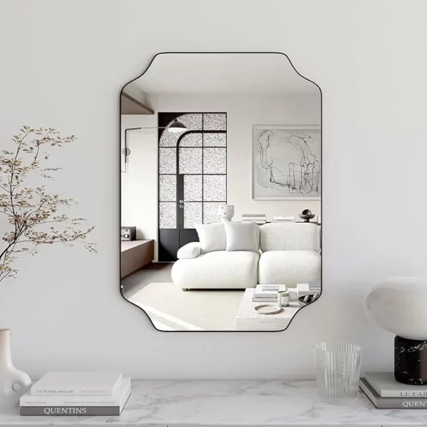 24x36 Inch Black Bathroom Mirror, Asymmetrical Octagonal Wall Mirror in Wood Frame, Modern Home Decor