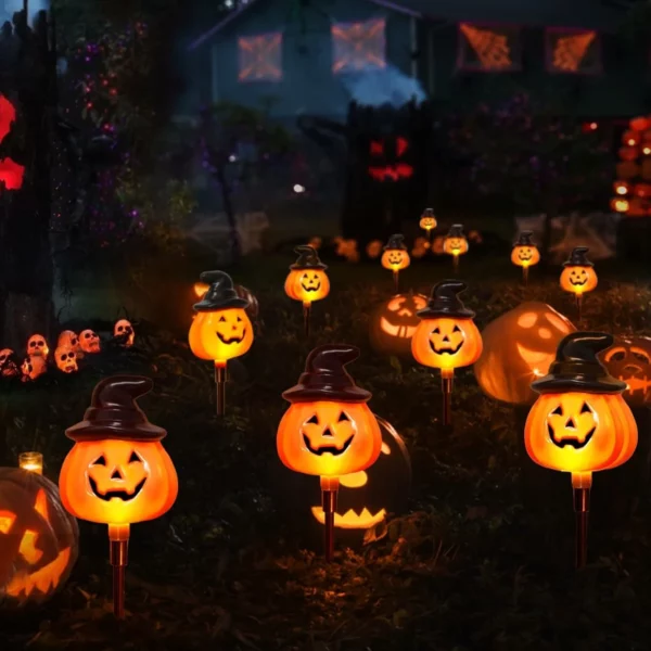 6 Pack Solar Jack O Lantern Stake String Lights Waterproof Orange Halloween Pathway Decor For Outdoor Yard Display