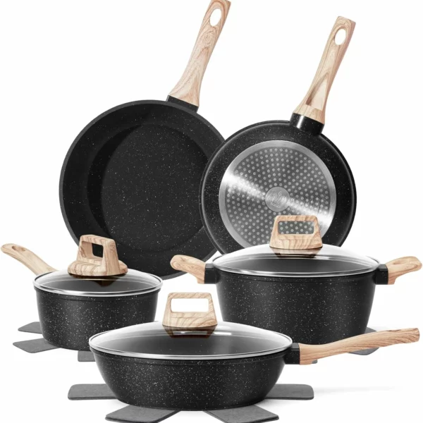 12Pcs Pots And Pans Set Nonstick Cookware Black Granite Induction Nontoxic Healthy Kitchen Cooking Set With Frying Pans Saucepans