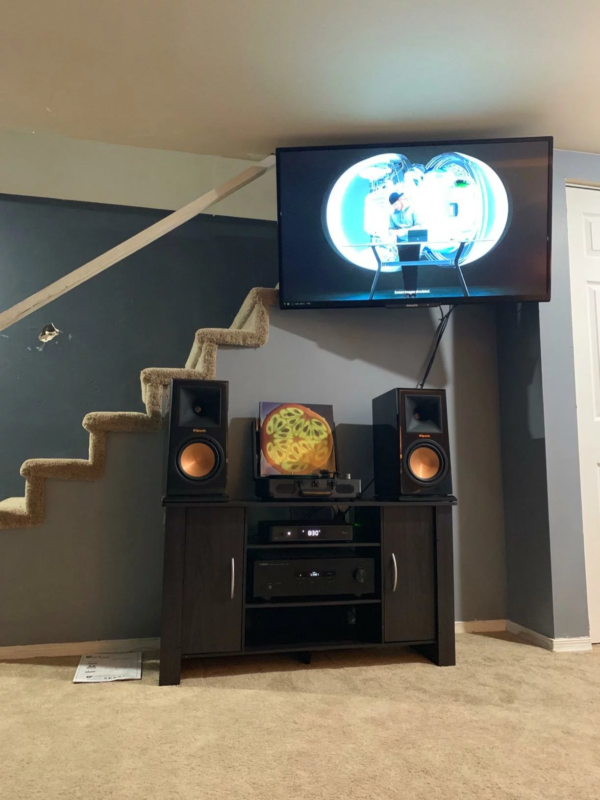 Click to view full screen Furinno 3-Tier Entertainment Center TV Stand with 2 Bin Drawers Console up to 50 inch Open Storage Shelves Home Table Round Tubes photo review