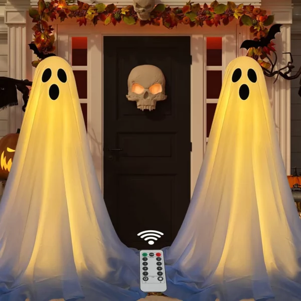 Halloween Ghost Decorations Outdoor Waterproof 2 Pack with Remote String Lights, Battery Operated Yard Porch Decor