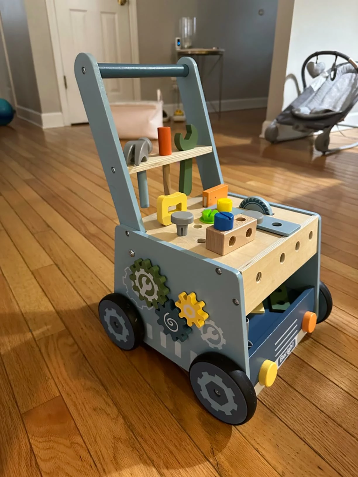 Click to view full screen Wooden Baby Push Walker by Beright, Kids Tool Bench & Activity Center, Montessori Educational Toy for Toddlers photo review