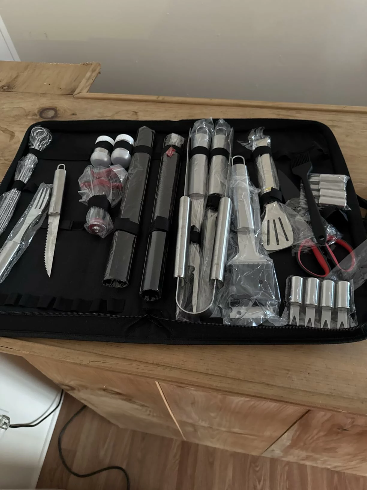 Click to view full screen 34Pcs Heavy Duty Grilling Accessories Set BBQ Tools For Outdoor Camping Stainless Steel Utensils With Mats Glove Carrying Bag photo review