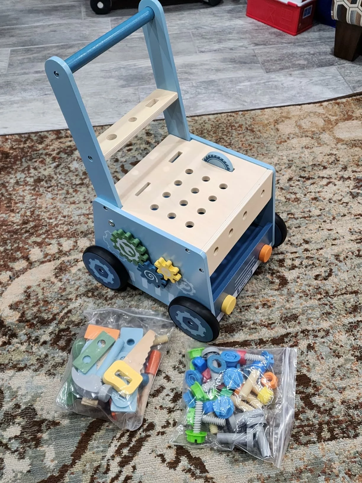 Click to view full screen Wooden Baby Push Walker by Beright, Kids Tool Bench & Activity Center, Montessori Educational Toy for Toddlers photo review