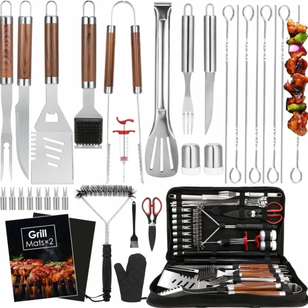 34Pcs Heavy Duty Grilling Accessories Set BBQ Tools For Outdoor Camping Stainless Steel Utensils With Mats Glove Carrying Bag