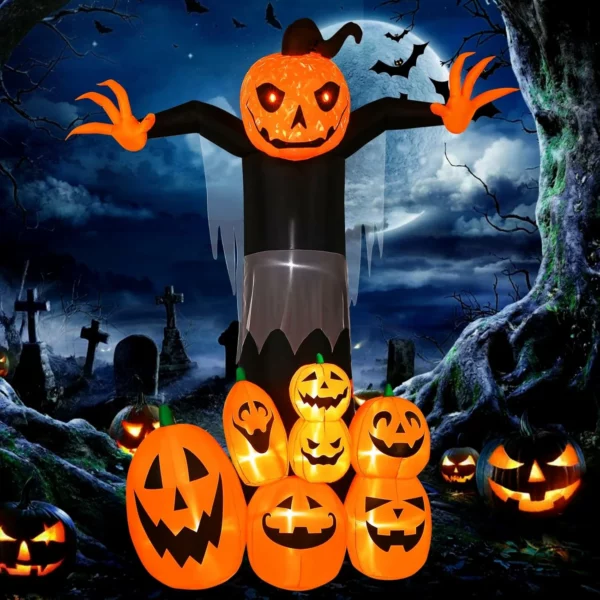 9FT Giant Halloween Inflatable Pumpkin Grim Reaper Ghost Blow Up Outdoor Yard Decorations with Rotating LED Light