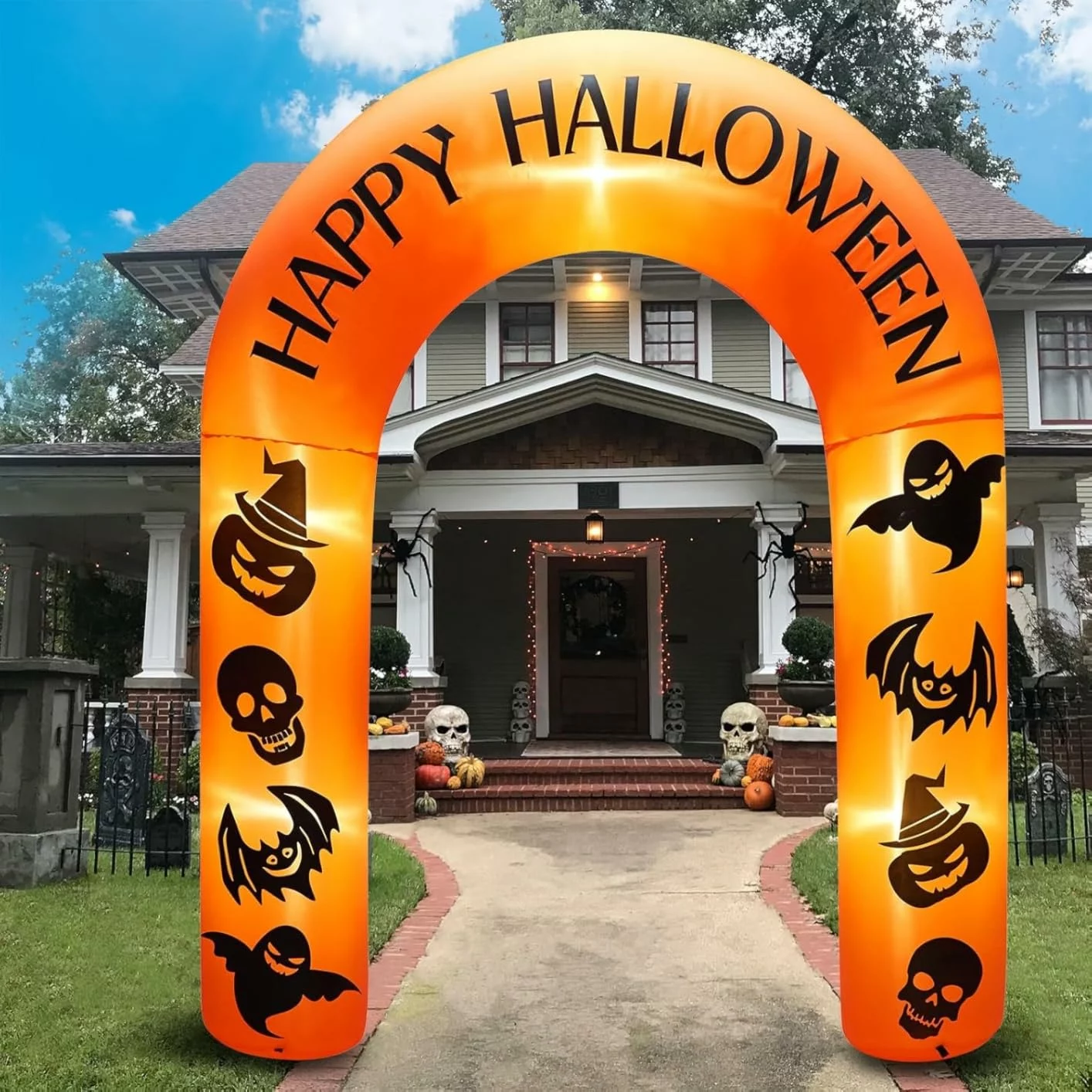Click to view full screen 8FT Halloween Inflatable Arch with LED Lights, Ghost, Pumpkin, Bat & Skull Patterns, Blow Up Outdoor Indoor Yard Lawn Decor photo review