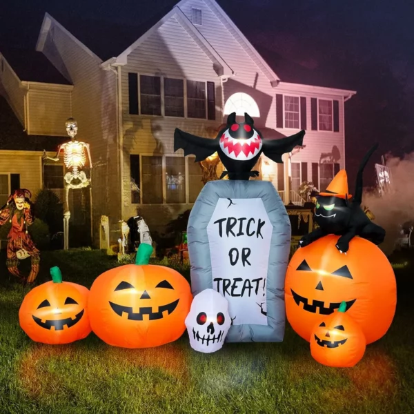 7FT Halloween Inflatable Pumpkin Patch with Tombstone Black Cat Bat Blow Up Yard Decoration with LED Lights