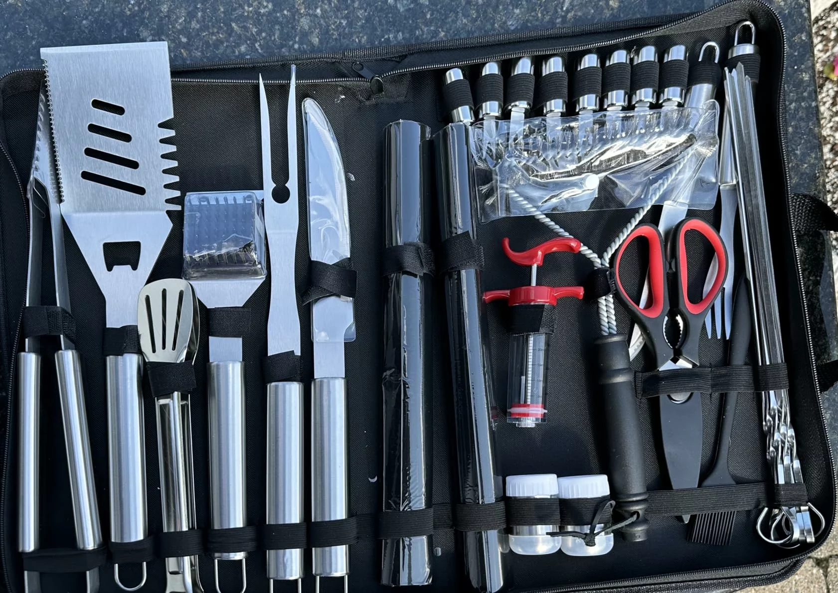 Click to view full screen 34Pcs Heavy Duty Grilling Accessories Set BBQ Tools For Outdoor Camping Stainless Steel Utensils With Mats Glove Carrying Bag photo review