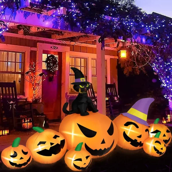 8FT Halloween Inflatables Pumpkins Outdoor Decor, 7 Blow Up Pumpkins with Witch Hat Black Cat LED Lights