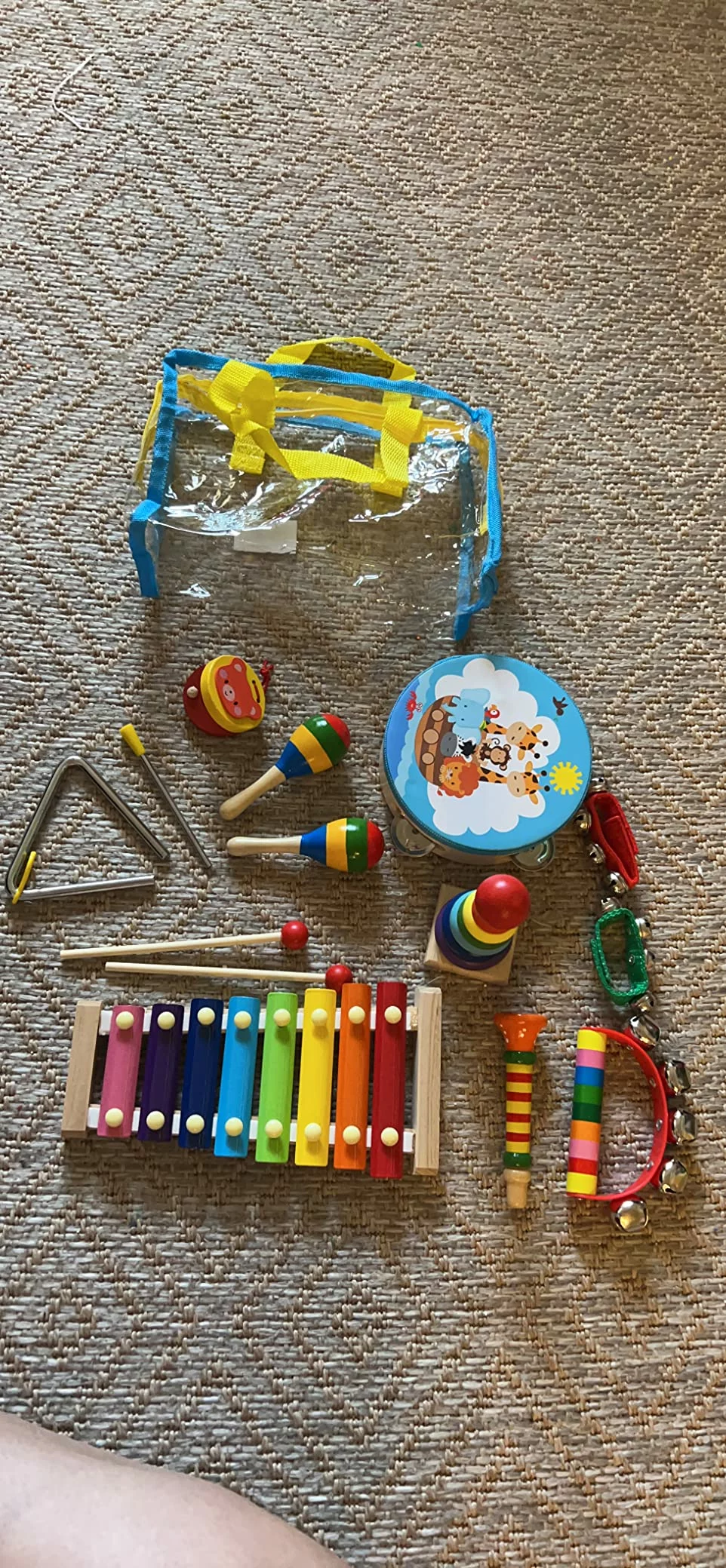 Click to view full screen Preschool Musical Instruments Set for Toddlers, Wooden Percussion Educational Music Toys for Baby Kids with Storage Carry Bag photo review