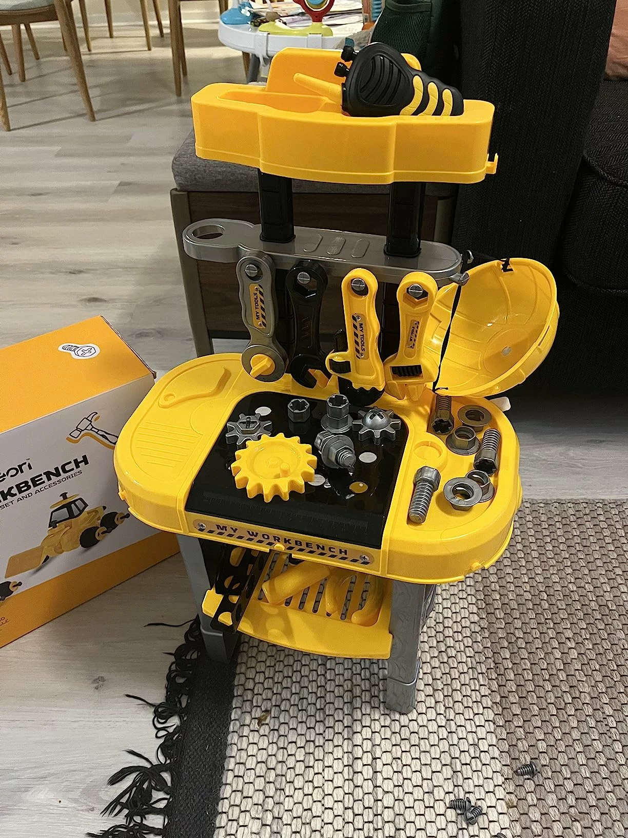 Click to view full screen Kids Tool Bench with Electric Drill & Vehicles, 2-in-1 Workbench Toolbox STEM Toys for Toddlers Age 3-5 photo review