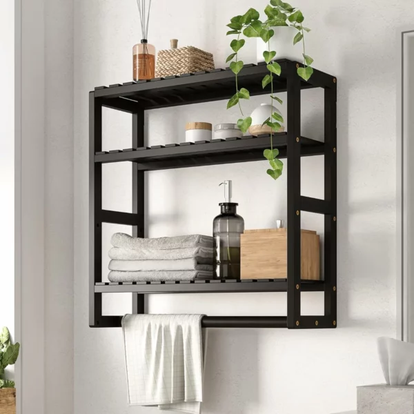 Over The Toilet Storage Rack 3 Tier, Wall Mounted Bathroom Corner Shelf, Bamboo, Black Modern Organizer