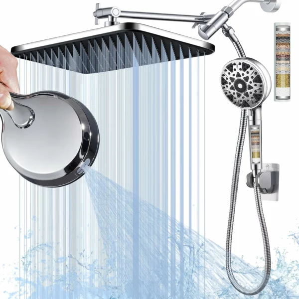 High Pressure Dual Shower Heads – 14" Rainfall & Handheld, 7 Spray, Power Wash, Hard Water Filter, Bathroom Decor