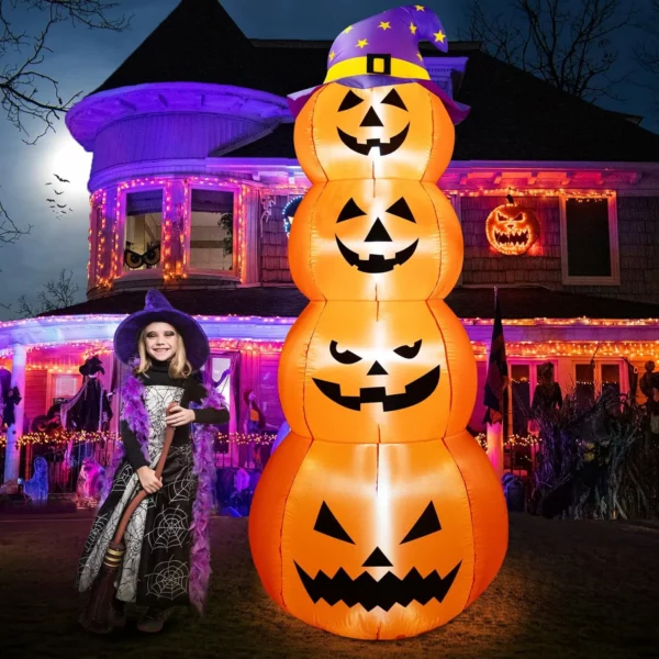 8FT Halloween Inflatable Stacked Pumpkins with Witch Hat, Blow Up Outdoor Yard Garden Lawn Decoration with LED