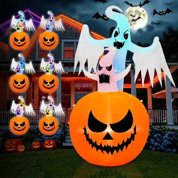 6FT Halloween Inflatable Pumpkin Ghost Outdoor Decor, Blow Up Yard Decoration with Built-in Colorful LED Lights Waterproof
