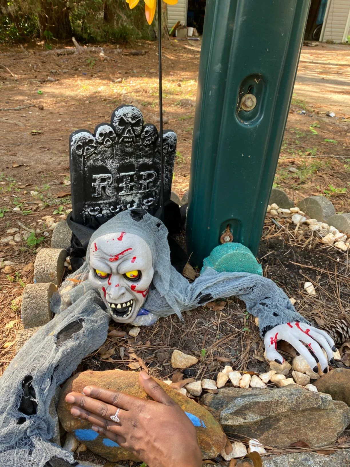 Click to view full screen JOYIN Halloween Groundbreaker Zombie, Animated Outdoor Decoration with Light-Up Eyes & Sound for Lawn, Graveyard, Haunted House & Yard Props photo review