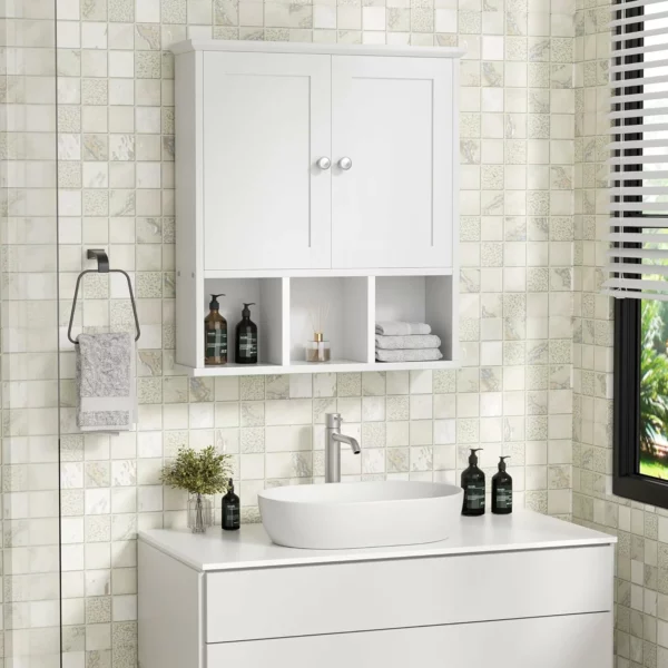 Wall Mounted Bathroom Storage Cabinet, Over Toilet Organizer with Door, Adjustable Shelves for Medicine & Towels