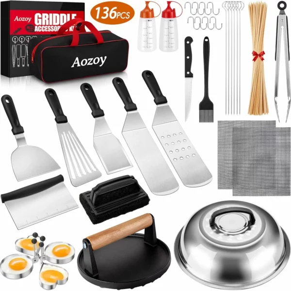 Griddle Accessories Kit 136Pcs Flat Top For Blackstone And Camp Chef Metal Spatula Tools Set With Burger Press Scraper Tongs Bag