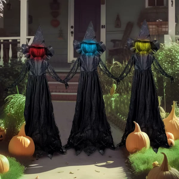 Halloween Witch Decorations Outdoor Waterproof Yard Stakes 3 Pack 4.2Ft Multicolored Light Up Scary Flying Witch With Sound