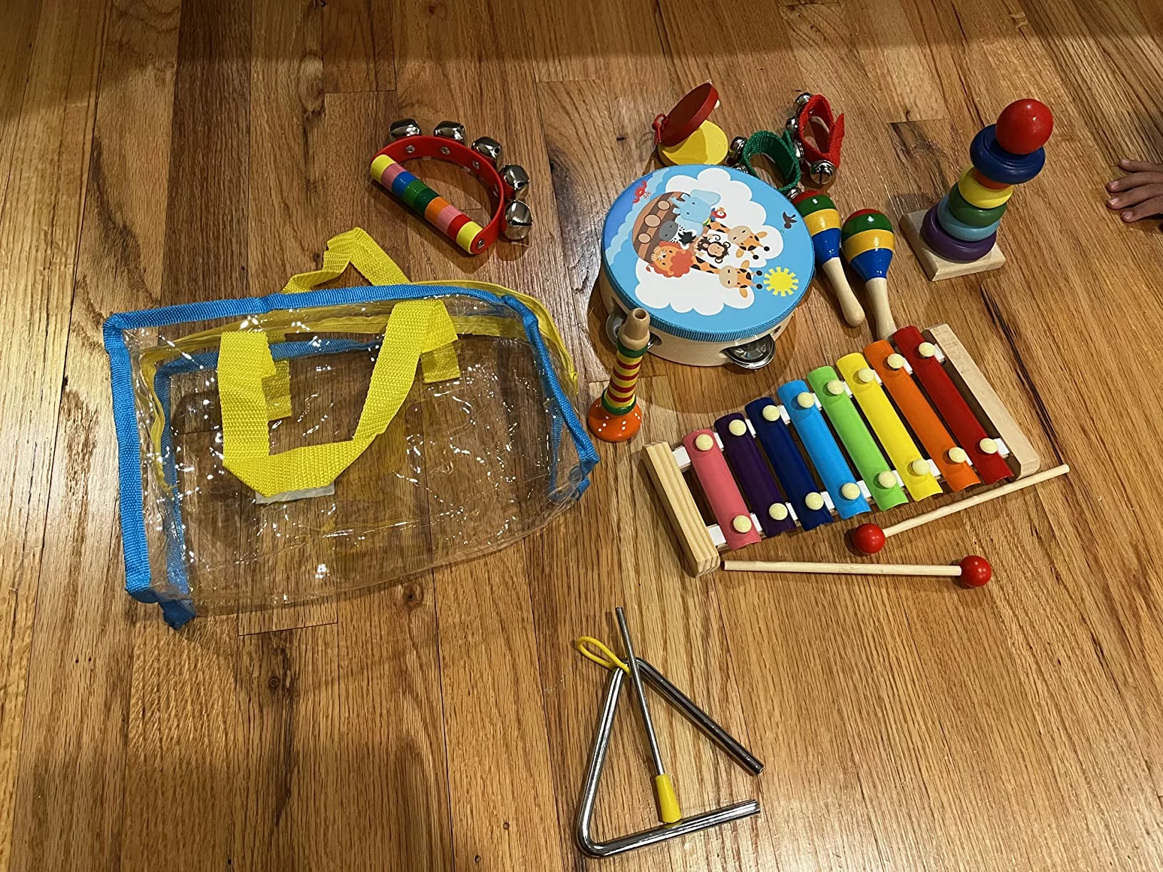 Click to view full screen Preschool Musical Instruments Set for Toddlers, Wooden Percussion Educational Music Toys for Baby Kids with Storage Carry Bag photo review