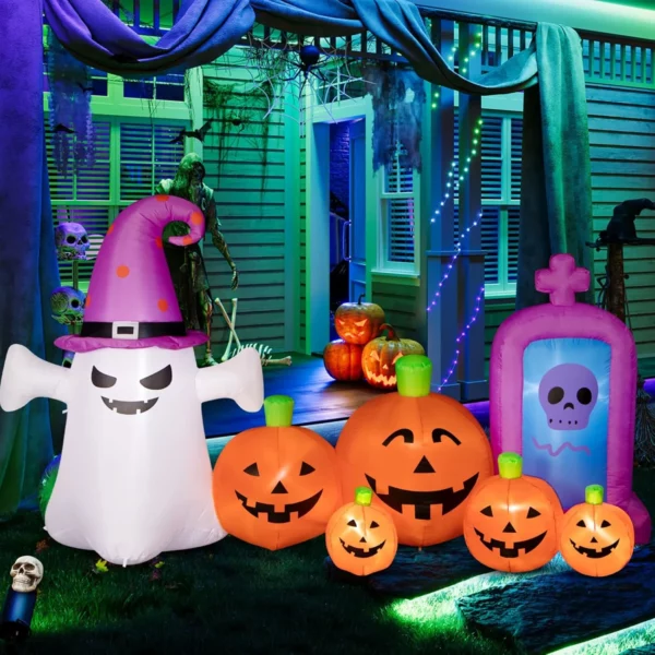 8FT Halloween Inflatable Pumpkin with Ghost Skull Tombstone Blow Up Decorations Outdoor Waterproof Built-in LED Lights Yard